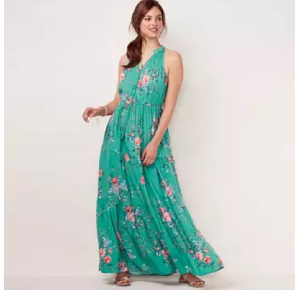 LC Lauren Conrad Floral Print Green Teal Halter Maxi Dress Size Small Boho